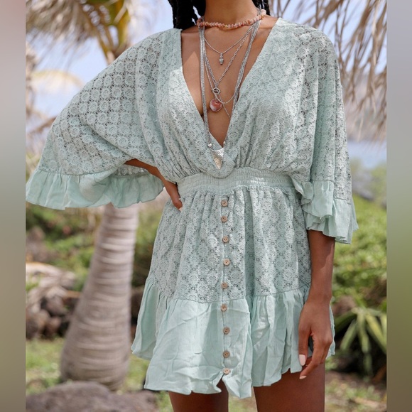 Free People NWT Shyanne Teal-Turquoise Lace Romper Mini,Size-Small(?Med)